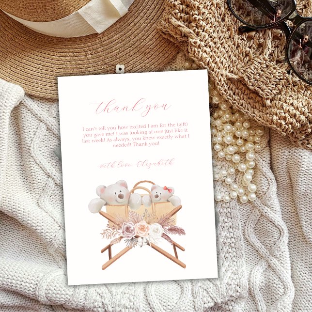 Carte De Remerciements Boho Floral Ours Bassinet Baby shower fille (Boho Floral Bear Bassinet Girl Baby Shower Thank You Card)