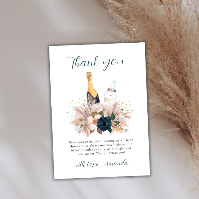 Carte De Remerciements Boho Floral Poppin Champagne Bouteilles Baby showe (Floral Boho Poppin Champagne Bottles Baby Shower Thank You Card)