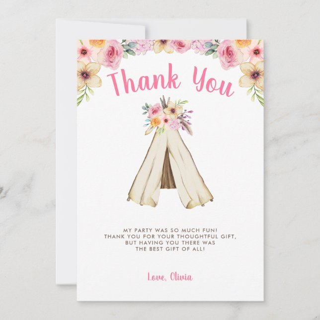 Carte De Remerciements Boho Floral Tribal Teepee Anniversaire (Devant)