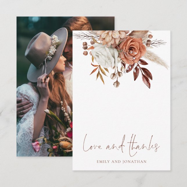 Carte De Remerciements Boho Florals Photo Love Thanks Brown Text Mariage (Devant / Derrière)