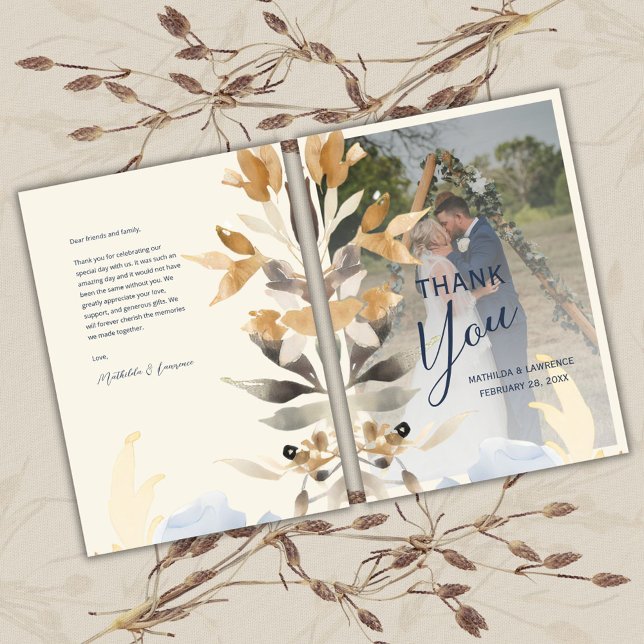 Carte De Remerciements Boho Gold Blue Foliage Photo de mariage d'hiver (Boho Gold Dusty Blue Foliage Winter Wedding Photo Thank You Card)