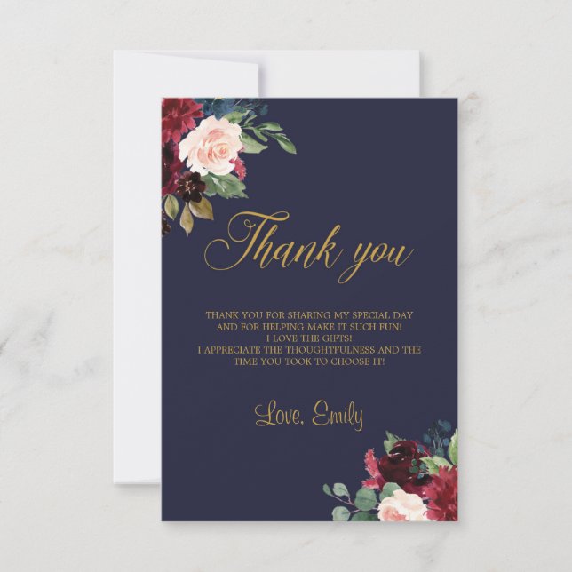 Carte De Remerciements Boho hiver marine bordeaux fleurie douche (Devant)