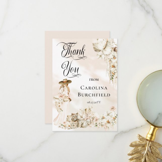 Carte De Remerciements Boho Leopard | Femme Baby shower Tropical Girl (Devant/Arrière en situation)
