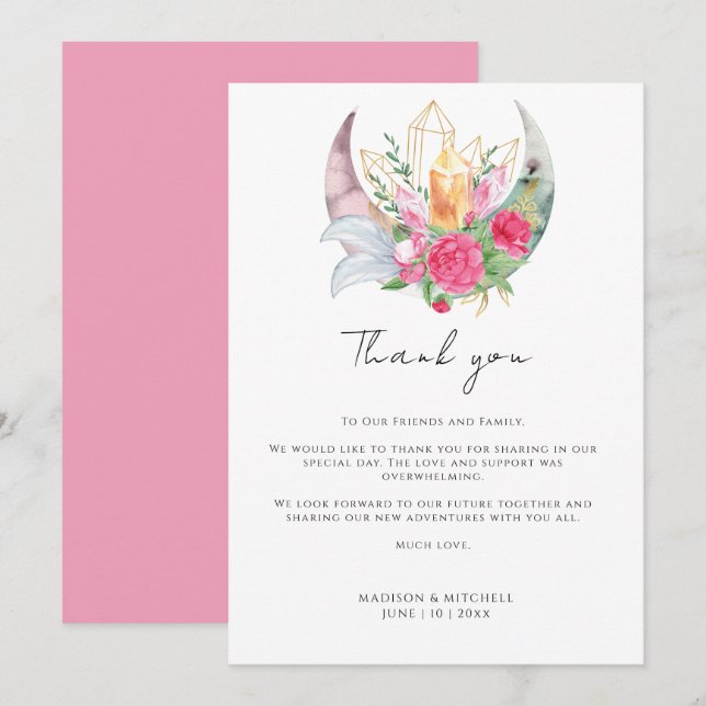 Carte De Remerciements Boho Moon Crystals Plumes rose Fleurs Mariage (Devant / Derrière)