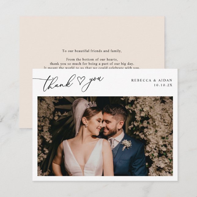 Carte De Remerciements Boho Neutral Blush Script Coeur Mariage Photo (Devant / Derrière)