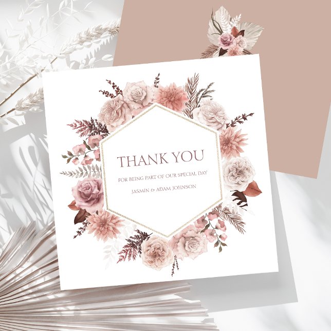 Carte De Remerciements Boho Neutral Terracotta Floral Wreath Mariage (Boho Dusty Pink Dried Flowers Wreath Wedding Thank You Card)