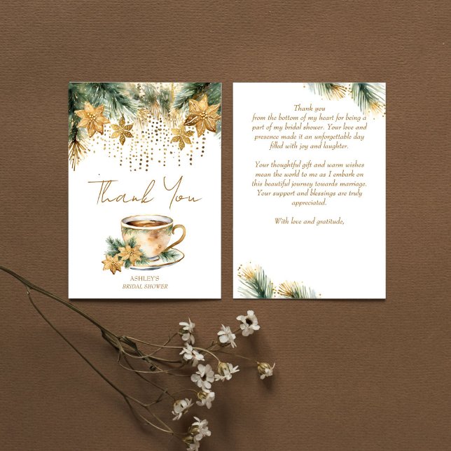 Carte De Remerciements Boho Noël fête prénuptiale d'hiver thé dansant (Boho Christmas winter bridal shower tea party Thank You Card watercolor gold poinsettia pines thank)