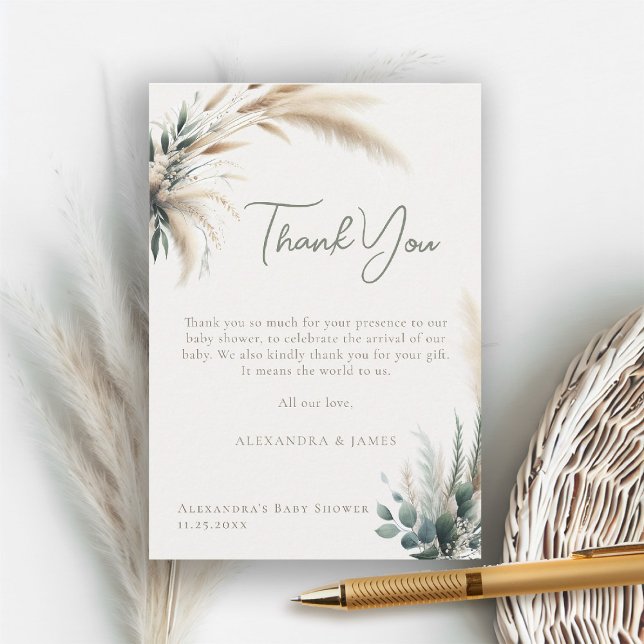 Carte De Remerciements Boho Pampas Baby shower écologique Sage Calligraph (boho baby shower thank you card pampas greenery watercolor sage green beige neutral)