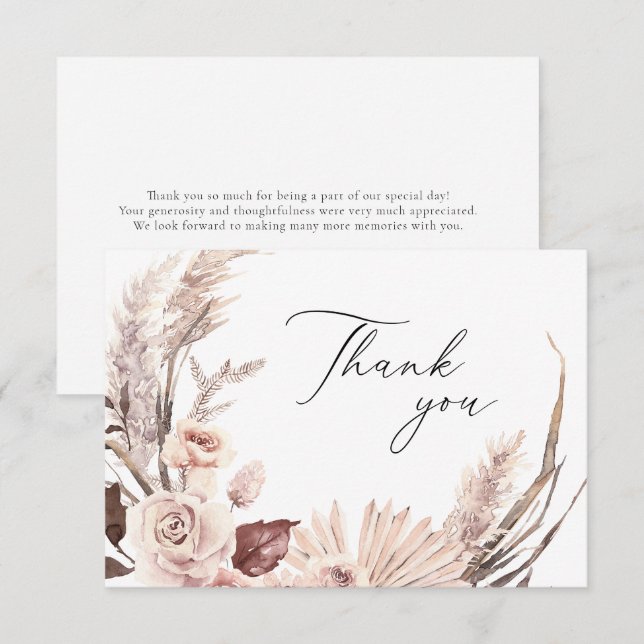 Carte De Remerciements Boho Pampas Grass Floral Fleurs séchées Mariage (Devant / Derrière)