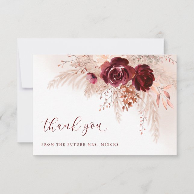 Carte De Remerciements Boho Pampas Grass Roses Mariages Fête des mariées (Devant)