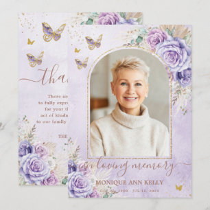 Carte De Remerciements Boho Pampas Purple Floral Photo Funeral Memorial