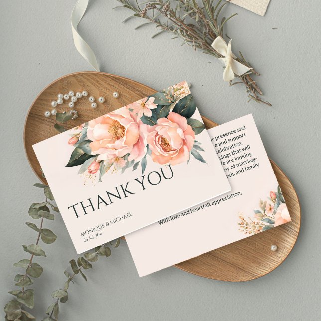 Carte De Remerciements Boho pêche vert terreux mariage floral (Boho peach peonies flowers earthy floral wedding thank you cards simple modern thank yous)