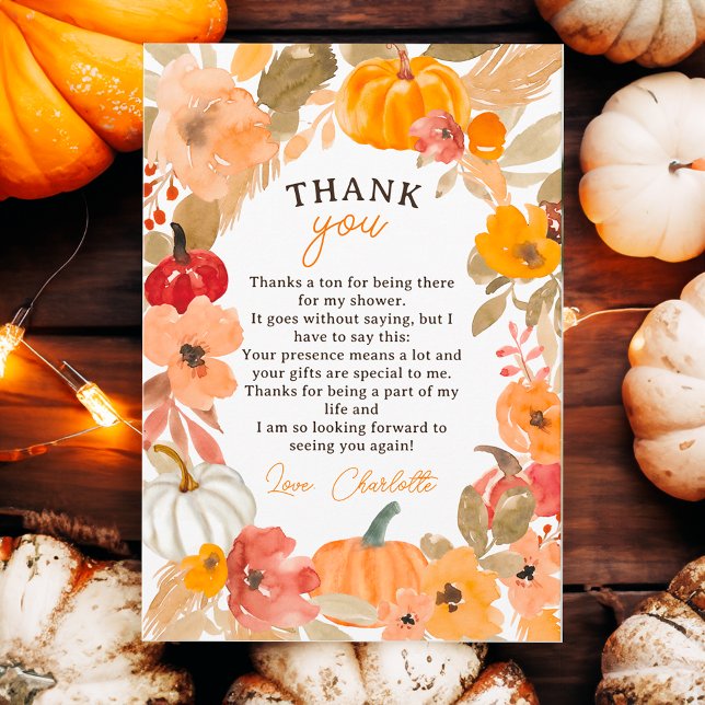 Carte De Remerciements Boho Petit citrouille baby shower d'automne (Warm Boho Little pumpkin fall baby shower Thank You Card)