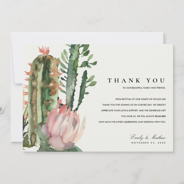 CARTE DE REMERCIEMENTS BOHO PINK DESERT CACTUS MARIAGE D'EAU FLORALE (Devant)