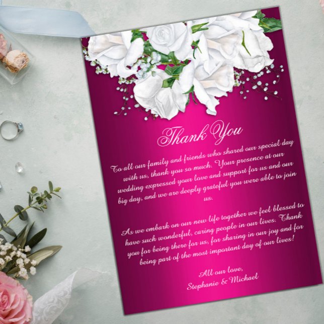 Carte De Remerciements Boho Pink Fuchsia et White Roses Mariage (Créateur téléchargé)