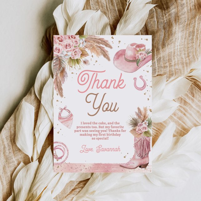 Carte De Remerciements Boho Pink Premier Rodéo 1er Anniversaire (Boho Pink First Rodeo 1st Birthday Thank You Card)