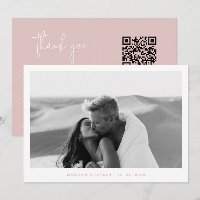 Carte De Remerciements Boho Pink Simple Photo QR Code Mariage (Devant / Derrière)