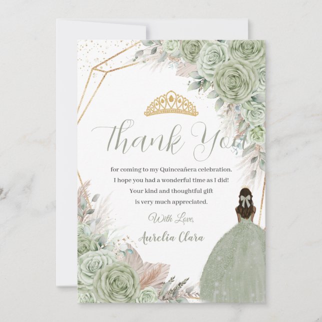 Carte De Remerciements Boho Quinceanera Sage Vert Floral Pampas Grass (Devant)