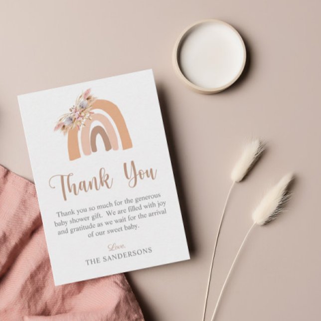 Carte De Remerciements Boho Rainbow Pampas Grass Baby shower rose (Créateur téléchargé)