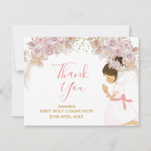 Carte De Remerciements Boho Rose Floral Girl FIRST Holy Communion Cross