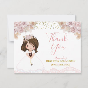 Carte De Remerciements Boho Rose Floral Girl Première Sainte Communion