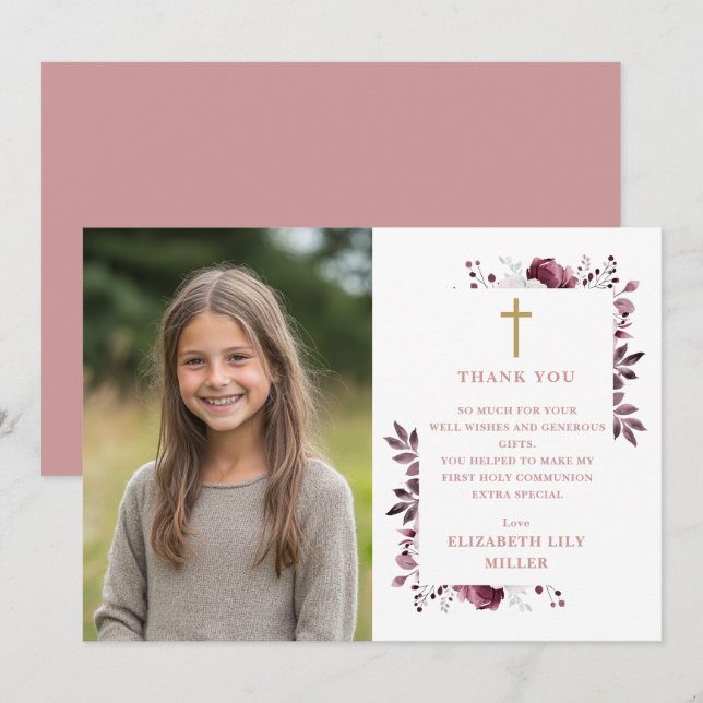 Carte De Remerciements Boho rose Floral Photo Première communion sainte (Devant / Derrière)