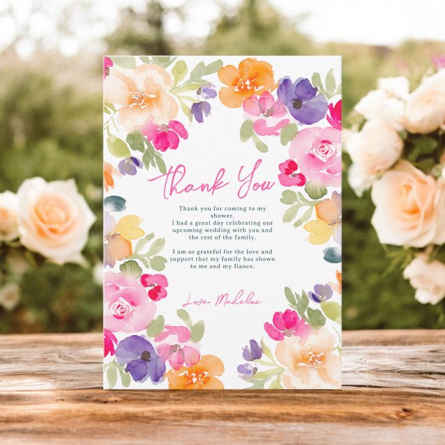 Carte De Remerciements Boho rose orange d'été fleurie douche nuptiale (Boho pink orange summer floral bridal shower thank you card)