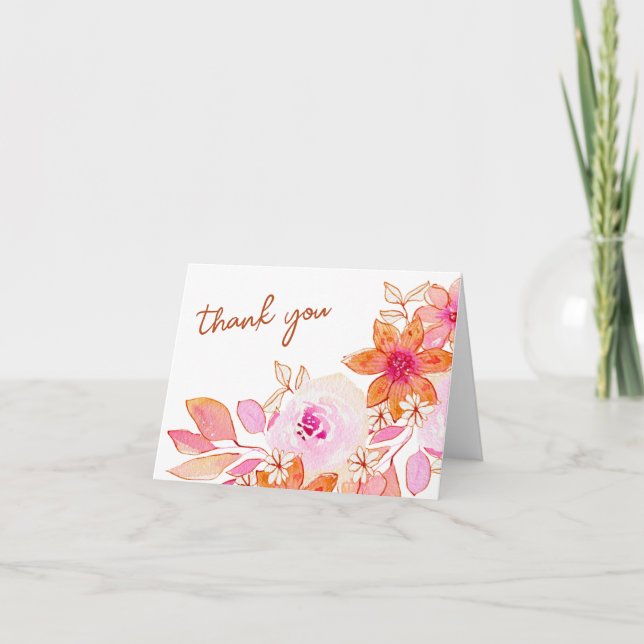 Carte De Remerciements Boho Rose Orange Fleurs Douche Plié (Devant)