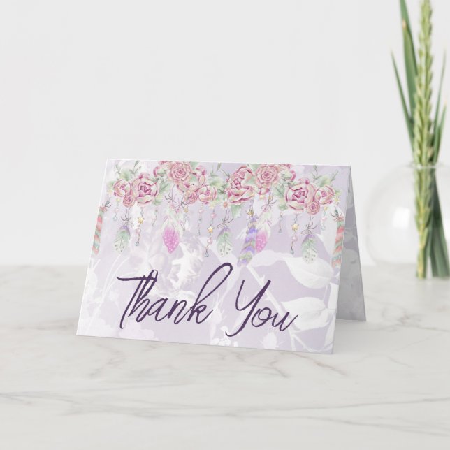 Carte De Remerciements Boho Rose & plumes aquarelle Floral (Devant)