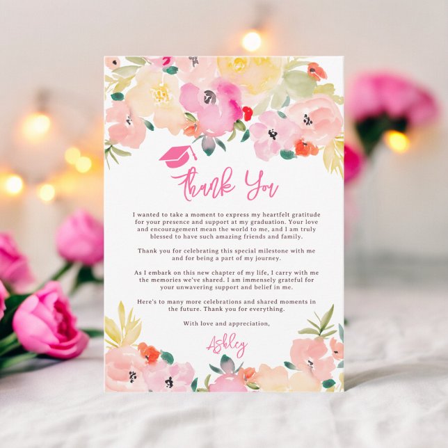 Carte De Remerciements Boho rose printemps chic jardin fleuri graduation (Spring pink boho chic garden floral graduation thank you card)