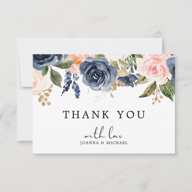 Carte De Remerciements Boho Rose rose bleu marine (Devant)