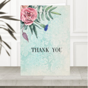 Carte De Remerciements Boho Rose Roses Vert Mariage damassé Vintage