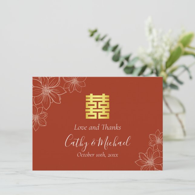 Carte De Remerciements Boho rouge moderne floral mariage chinois (Debout devant)