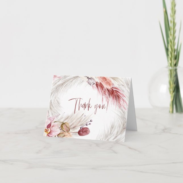 Carte De Remerciements Boho Rustique Bourgogne Blush rose Pampas Grass (Devant)