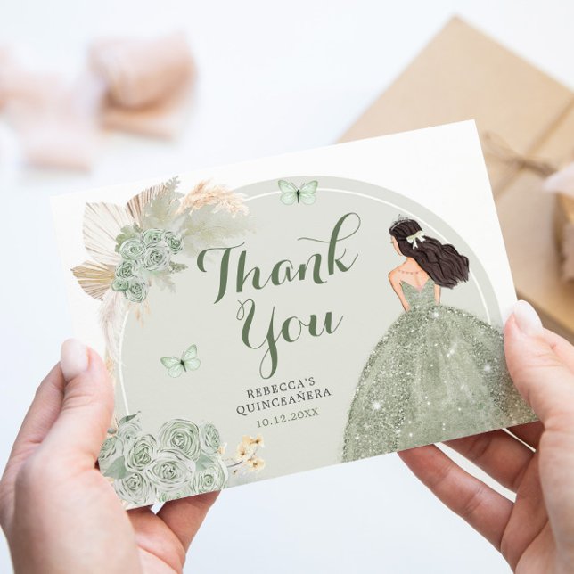 Carte De Remerciements Boho Sage Green Floral Princesse Quinceañera (Créateur téléchargé)