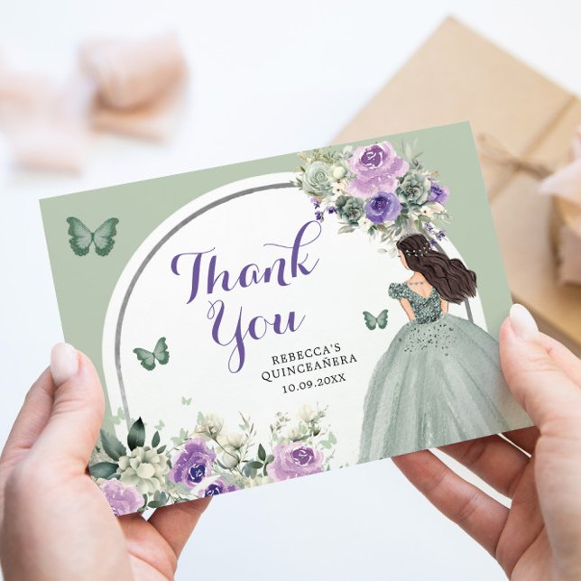 Carte De Remerciements Boho Sage Lilac Floral Princesse Quinceañera (Créateur téléchargé)