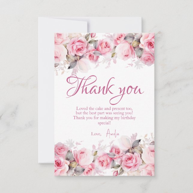 Carte De Remerciements Boho Teddy Bear Girl Pink Bear Floral Birthday  (Devant)