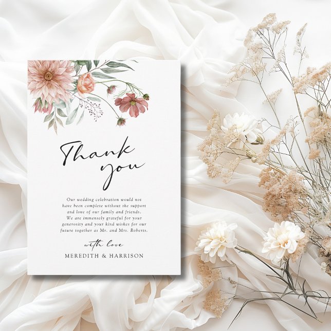 Carte De Remerciements Boho Terracotta Floral Mariage de automne (Boho Terracotta Floral Fall Wedding Thank You Card)