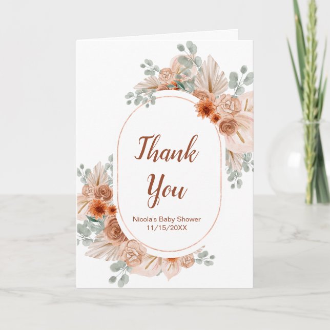 Carte De Remerciements Boho Terracotta Pampas Baby shower en herbe (Devant)