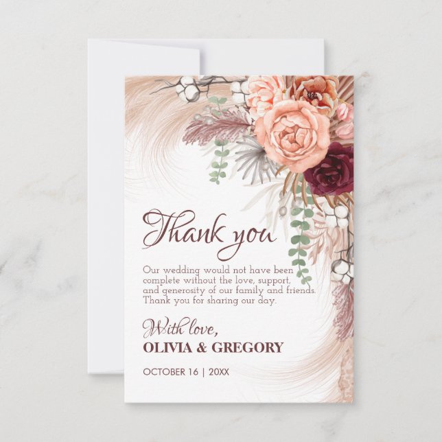 Carte De Remerciements Boho Terracotta Pampas Floral Bourgogne Mariage (Devant)