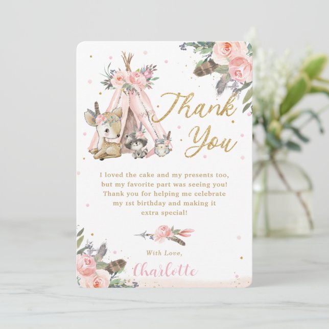 Carte De Remerciements Boho Tribal Woodland Animaux Anniversaire Christen (Debout devant)