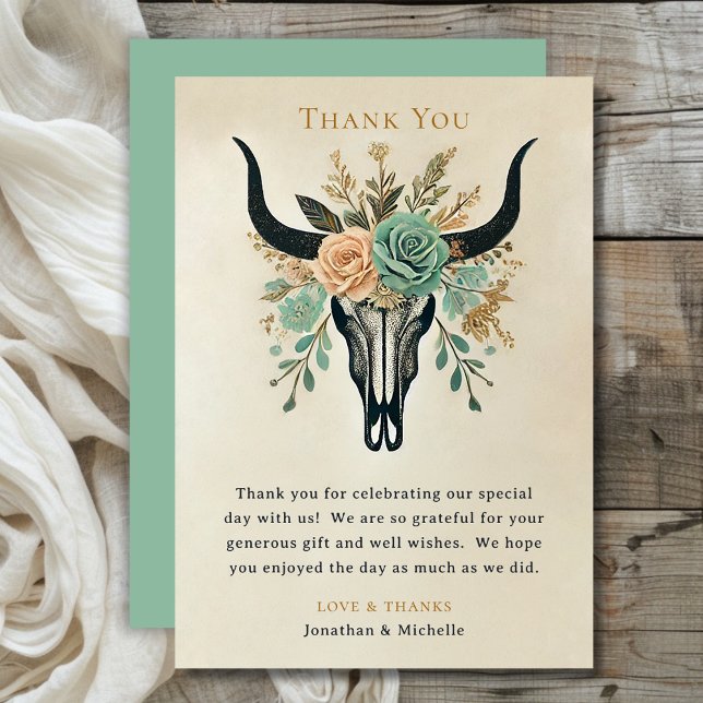 Carte De Remerciements Boho Western Floral Bull Cow Mariage crâne (Boho Western Floral Bull Cow Skull Wedding Thank You Card)