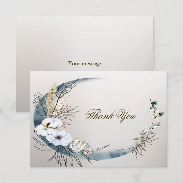 Carte De Remerciements Boho White Orchidée Fleurs Blue Moon Elegant Party (Devant / Derrière)