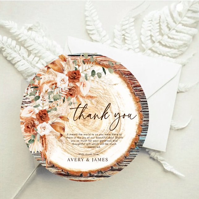 Carte De Remerciements Boho Wood Slice Thank You – Rustic Floral Photo (Créateur téléchargé)