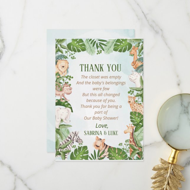 Carte De Remerciements Bois Animaux Jungle Baby shower de verdure (Devant/Arrière en situation)