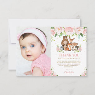 Carte De Remerciements Bois Animaux Rose Floral Girl 1er anniversaire
