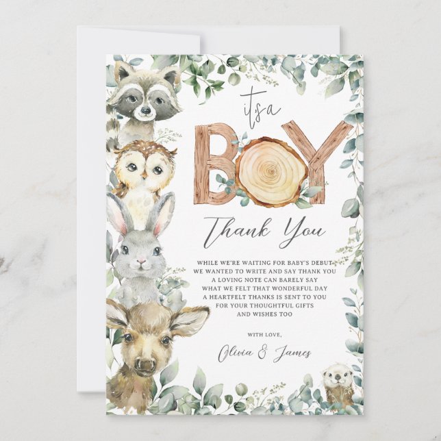 Carte De Remerciements Bois Animaux Végétation Bois Baby shower garçon (Devant)