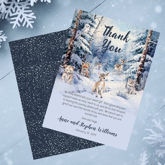 Carte De Remerciements Bois Bébé Animaux Hiver Baby shower garçon (Blue Rustic Woodland Animals Baby It's Cold Outside Boy Baby Shower | Sprinkle Thank You Card)