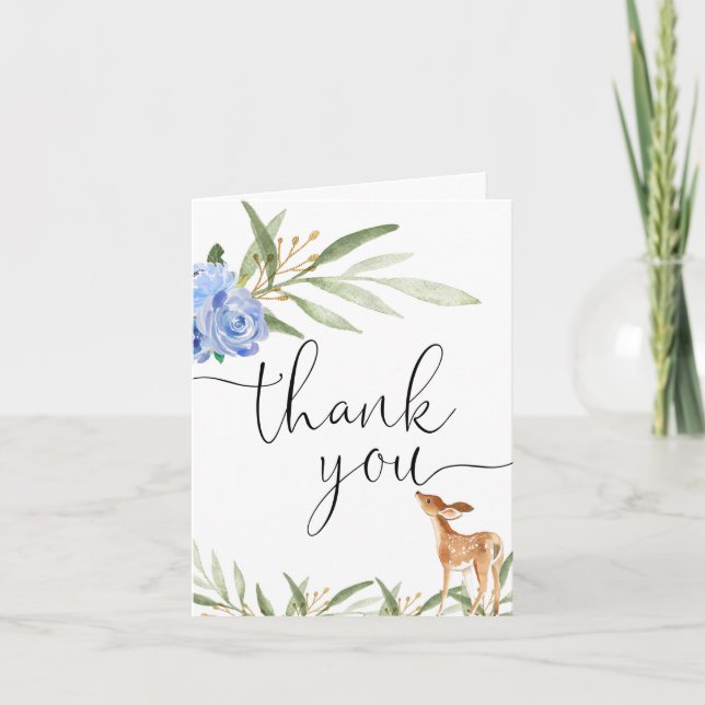 Carte De Remerciements Bois cerf bleu vert fleuri (Devant)