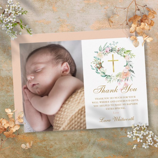 Carte De Remerciements Bois Floral Garland Baptême, Christening Photo (Woodland Floral Garland Baptism, Christening Photo Thank You Card)